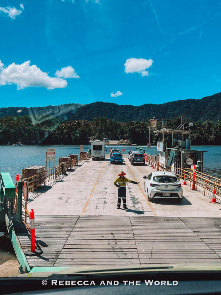 Cars queued for the Daintree River ferry crossing on the way to Cape Tribulation