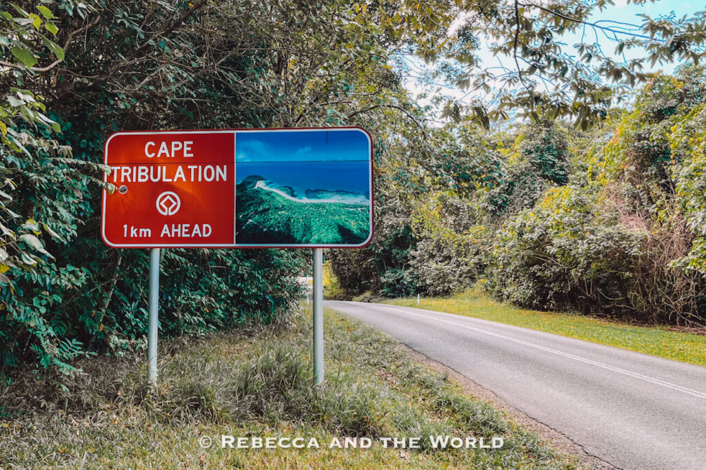 Road sign pointing the way to Cape Tribulation along the Daintree coast road