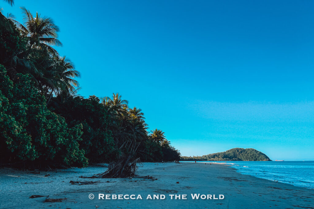 The wide sandy stretch of Cape Tribulation Beach, where the rainforest meets the Great Barrier Reef