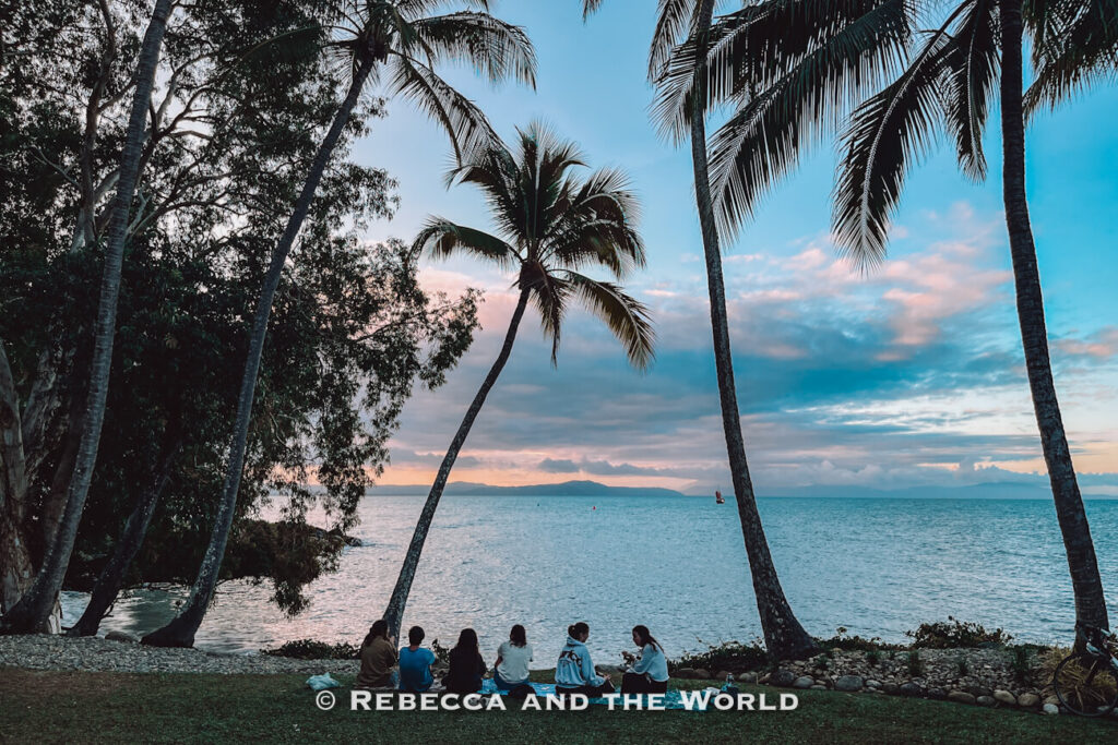Group of people watching the sunset from the grass under palm trees at Rex Smeal Park, one of the best free things to do in Port Douglas