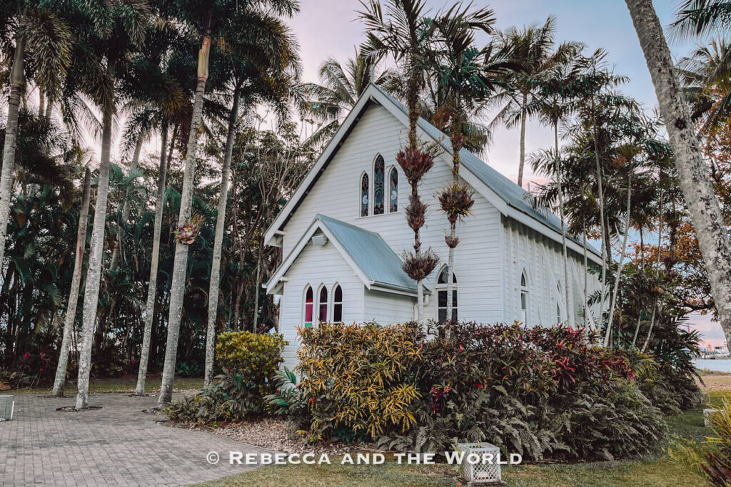 St Mary's by the Sea, the historic white chapel surrounded by palm trees, a popular photo spot and wedding venue in Port Douglas