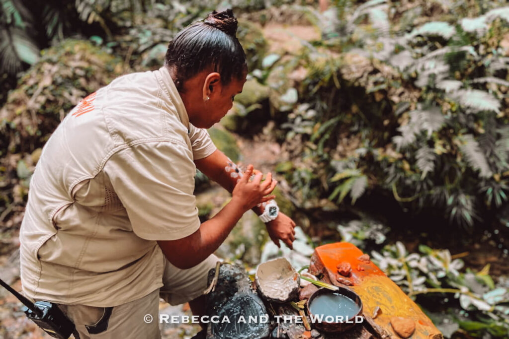 Kuku Yalanji guide Kairisha paints footprints on her arm with natural ochre paint during the Ngadiku Dreamtime Walk at Mossman Gorge