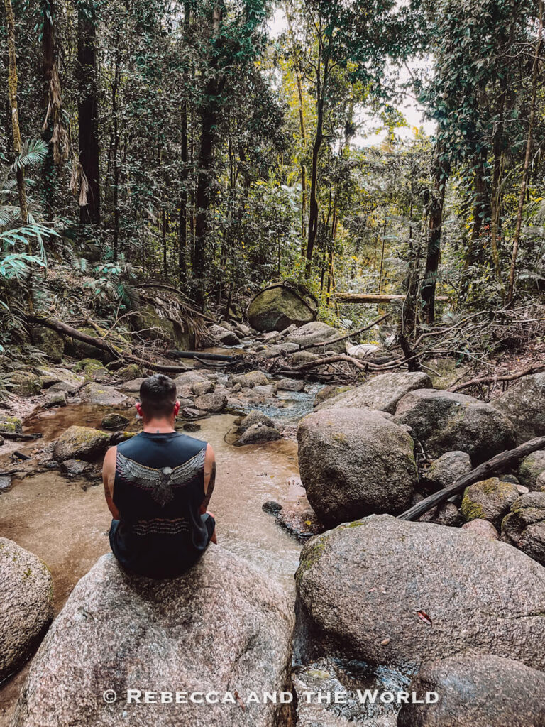 A man (the author's husband) sitting on a boulder beside Wurrmbu Creek, a peaceful detour off the Rainforest Circuit Track at Mossman Gorge